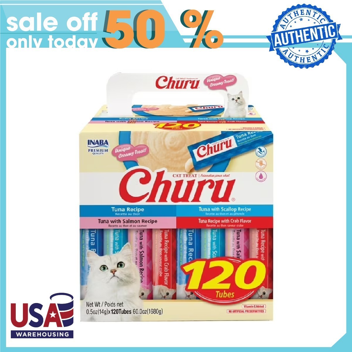 INABA Churu Cat Treats, Lickable, Squeezable Creamy Purée with Vitamin E, 0.5 Oz