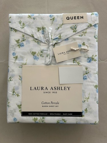 NEW 4pc Laura Ashley Queen Sheet Set Cottage ROSEBUDDIES Blue Green & White