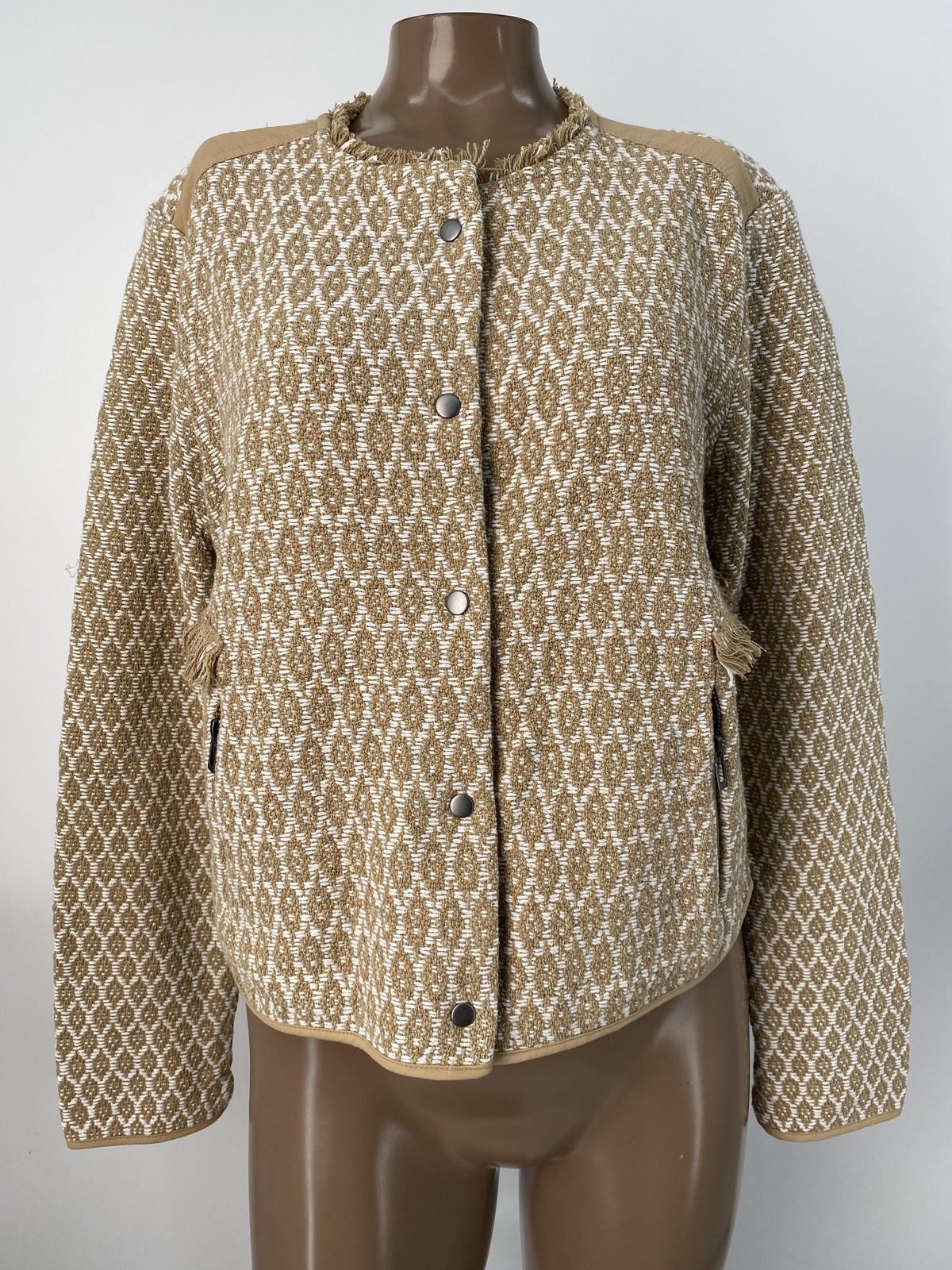 Nic + Zoe Womens Jacket Neutral Multi Brown Size M Brocade Jacquard Fringe