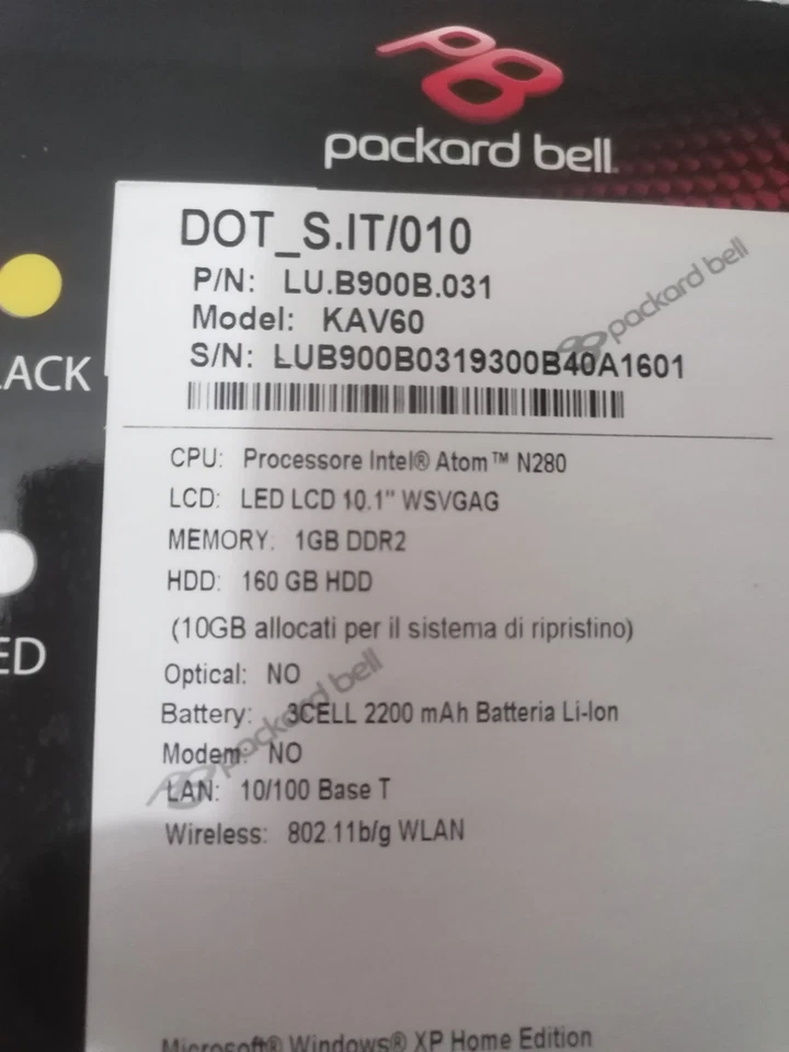 Netbook Packard bell dot S KAV60 (aspire one) Mini PC 10" - Immagine 3 di 4