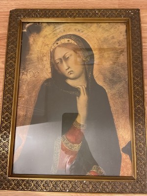 Antique Gothic Revival Gilt Frame w Religious Madonna Print c.1900