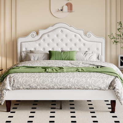 Elegant White Queen Bed Frame with Velvet Tiara Headboard & Easy Assembly