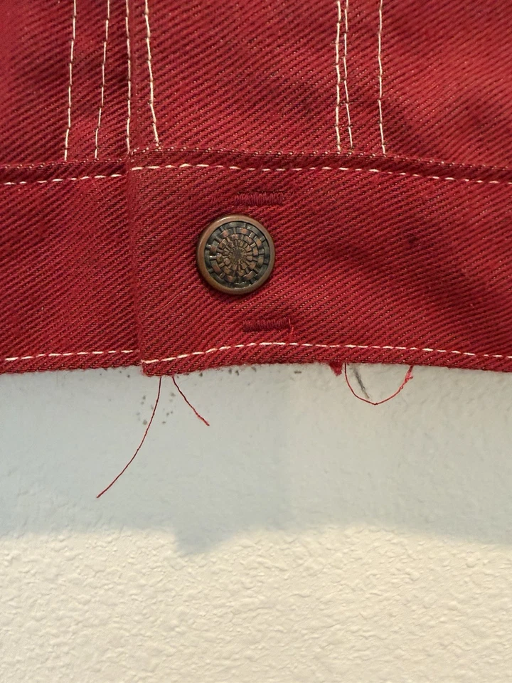 Vintage 70s Sears Toughskins Red Denim Trucker Jacket Boy’s Kid Size 10 Snaps - Image 3 of 4