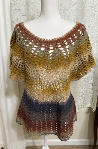 Handmade Sweater Granny Cottage Boho Beachy Fall Colors Open Knit Layering LRG