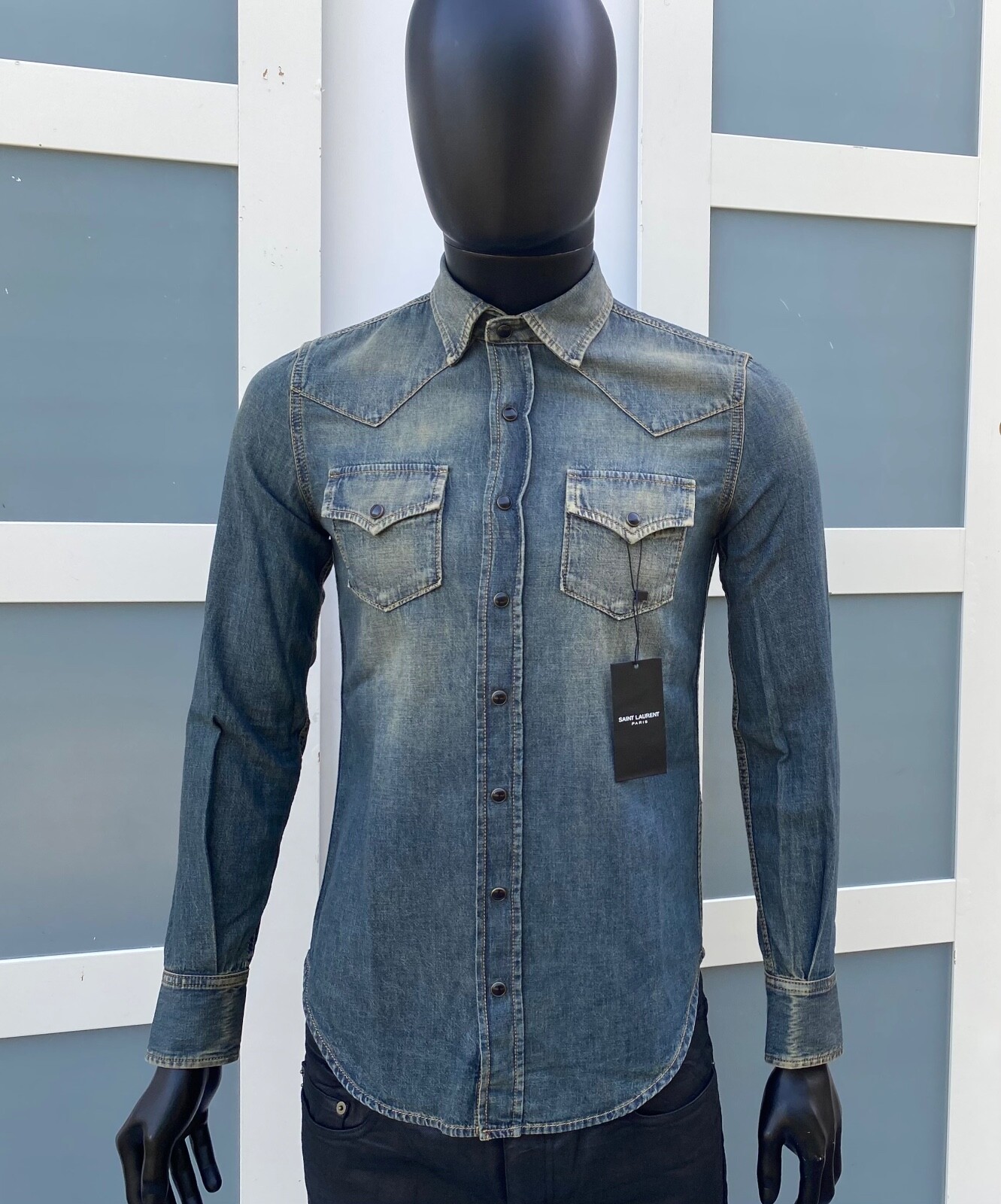 Rara e fantastica camicia Saint Laurent SS22 slim fit western denim blu vintage