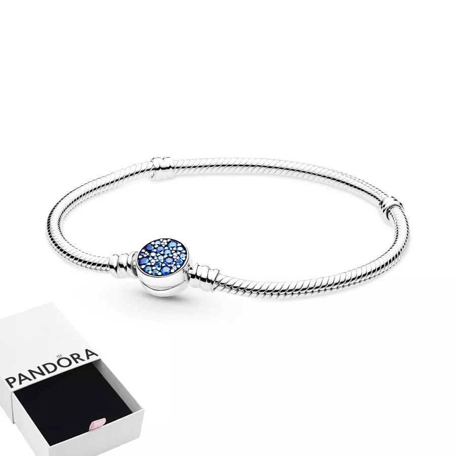 PANDORA Moments Sparkling Blue Disc Clasp Snake Chain Bracelet 16
