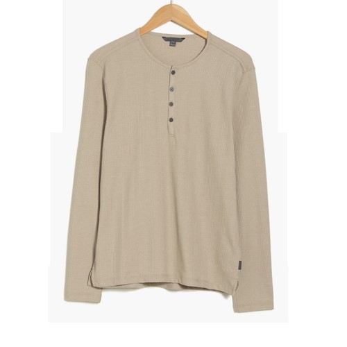John Varvatos Men's Long Sleeve Richard Waffle 4 Button Crew Henley Shirt Almond - Picture 5 of 5