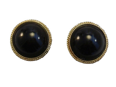 Earrings 14k yellow gold BLACK JADE round cabochon post rope bezel 13.4 mm dia
