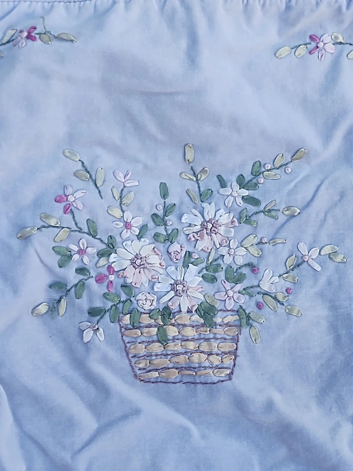 PR Vtg Blue 17" Velvet Throw Pillow Case Silk Ribbon Floral Embroidery - Image 3 of 4