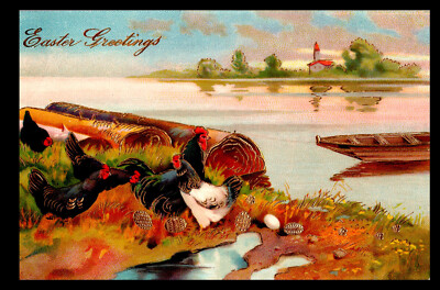 [A1] Postcard Gel Gloss Gilt, Easter Wishes, Hens with Golden Eggs