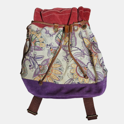 Lucky Brand Cinch Tie Backpack Bag Paisley Canvas Suede Leather 16 X 14
