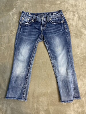 Miss Me Pants Sz 28 Blue Cuffed Capri Jeans Rhinestone Embellished Women 