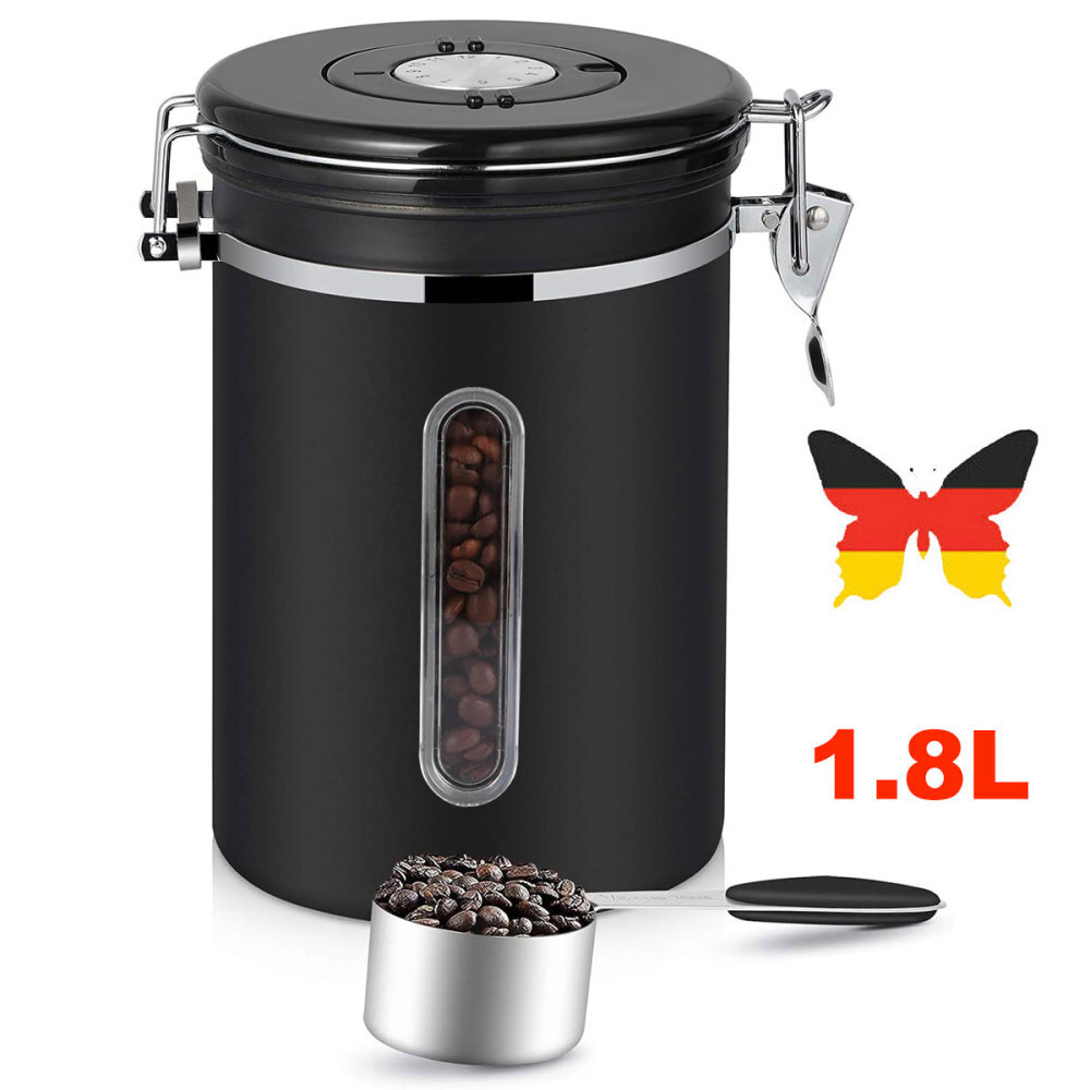 Kaffeedose Edelstahl Behälter für 1kg Kaffeebohnen inkl. Dosierlöffel de