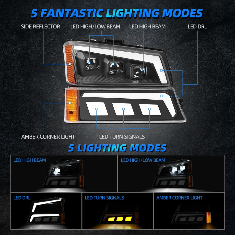 Black Projector Headlights + Bumper Lamps w/ LED DRL for 03-06 Chevy Silverado - Image 2 of 4