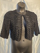 R M RICHARDS BLACK RUFFLE SEQUIN 3/4 SLEEVE Cropped SHRUG Button Closure Women