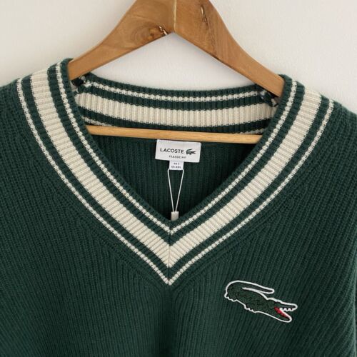 Lacoste Cricket Wool Jumper FR7 2XL XXL Mens Cable Knit Ribbed Green V Neck - Picture 2 of 12