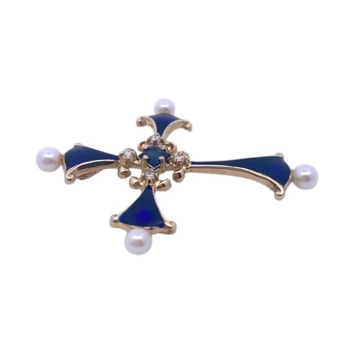 Vintage 14K Sapphire Diamond Pearl Enamel Cross Pendant - Picture 4 of 7