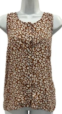 CAbi Lark Top S 4358 Brown White Yellow Floral Sleevelss Enamel Buttons Daisy
