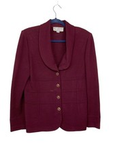ST. JOHN Collection Button Front Shawl Collar Knit Blazer Jacket Wine Red 12