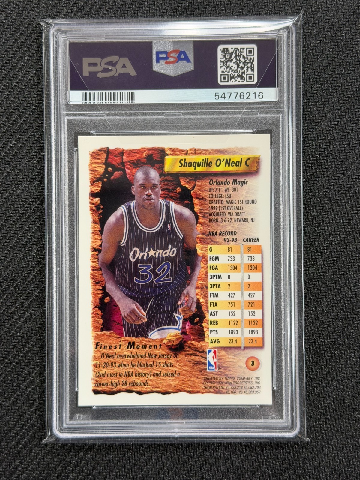 1993-94 TOPPS FINEST Shaquille O'Neal REFRACTOR #3 PSA 9 MINT MAGIC view 2