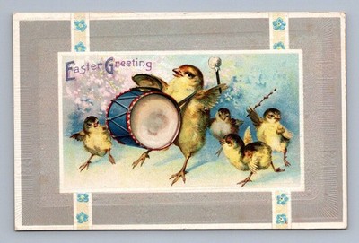 Easter Greeting cute chicks drumming parade embossed illustration 1900s