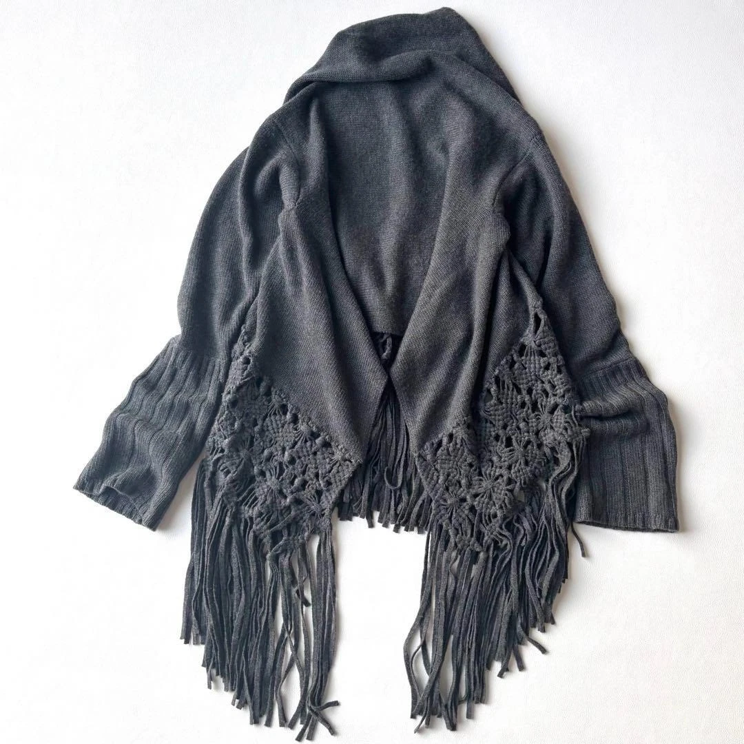 CELINE maglia cashmere poncho scialle cardigan frange grigio scuro taglia M