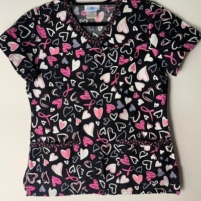 Black with pink, white and black hearts breast cancer awareness scrub top