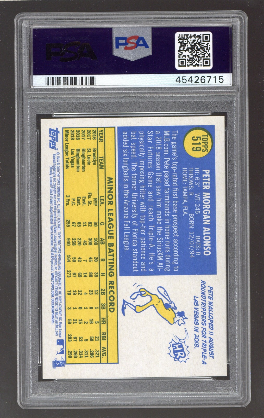 2019 Topps Heritage #519 Pete Alonso PSA 9 ROOKIE RC view 2