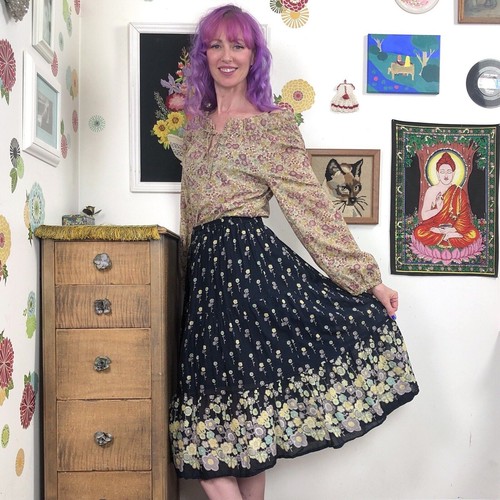 Vintage Cotton Gauze Hippie Skirt, 1990s Black Floral Indian Cotton Midi, OS - Picture 4 of 12