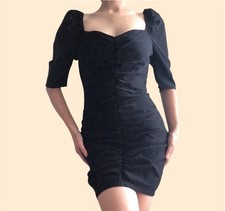 Women’s Sexy Elegant Ruched little Black Mini Dress Puffy sleeves LBD Size Small