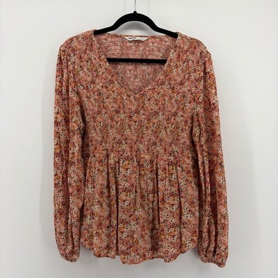 SONOMA Smocked Floral Peasant Blouse Women Size S Long Sleeve V Neck
