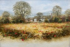 Original Contemporary Oil Painting on Board Poppy Field & Farm Cottage Landscape