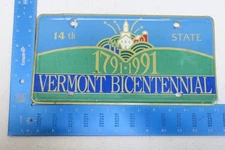 Vermont Booster Bicentennial license PLate 1791 1991 14th State 200 Year #722