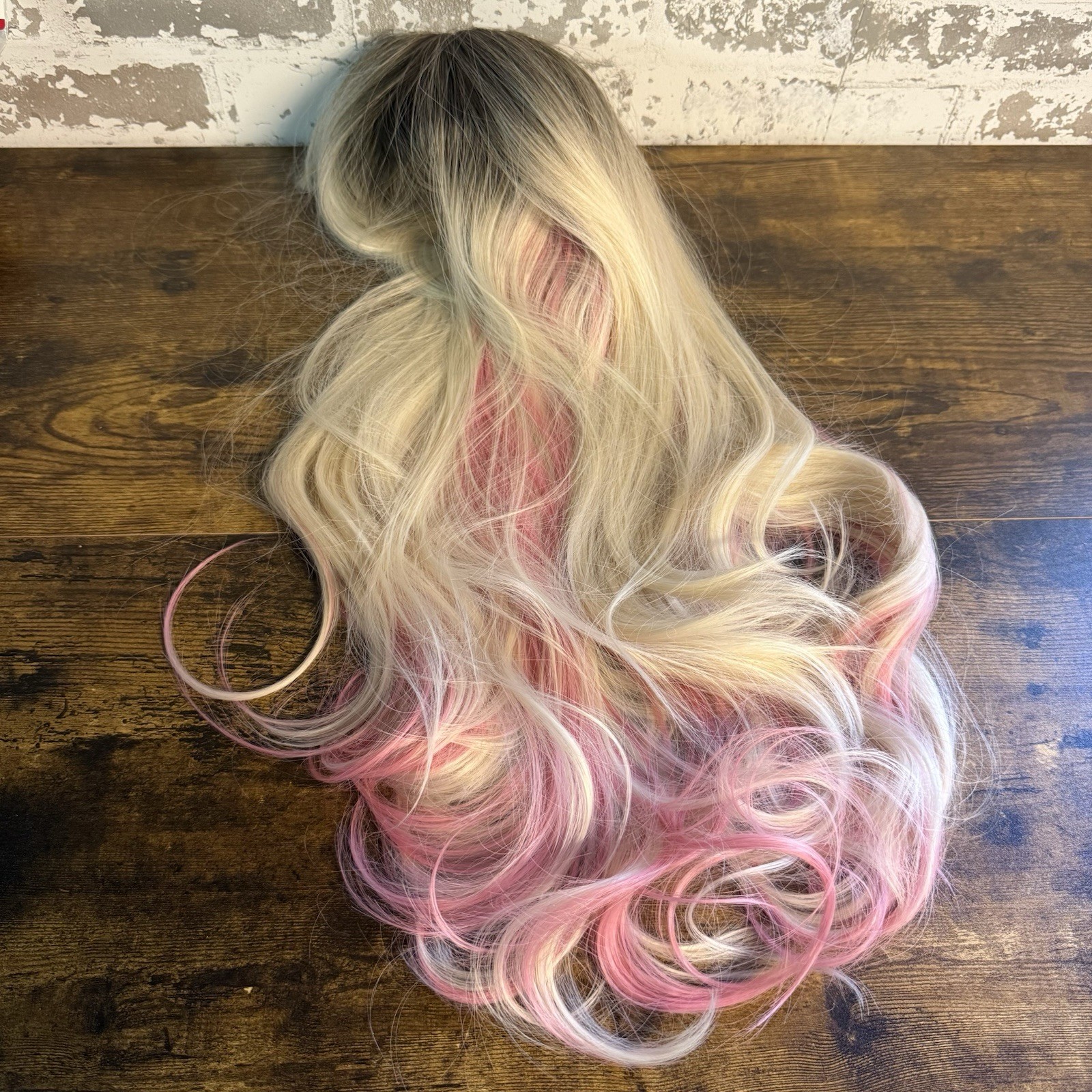 NEW - Smilco - 28" Blonde/Pink Highlights Wig with Bangs - Adjustable Mesh