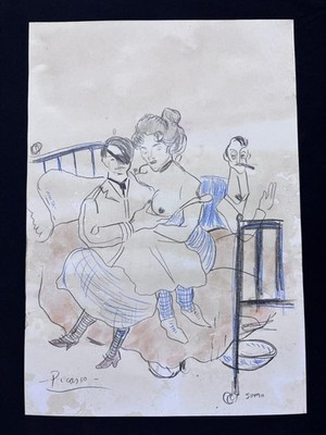 PICASSO drawing and painting on old paper signed stamped vintage