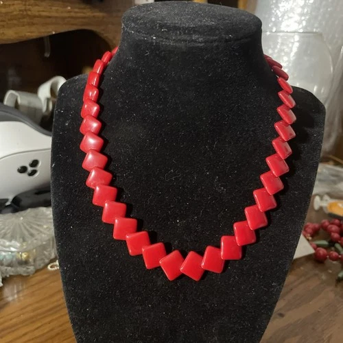 Trifari 1950s Lucite Overlap Design Link Necklace- Red Vintage Jewelry Lot