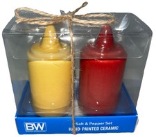 Picnic BBQ hand painted ceramic mustard and ketchup salt and pepper shakers New