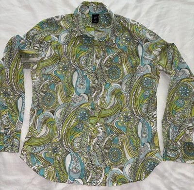 Gap Psychedelic Retro Button Down Green Blue Paisley Floral Cotton Women M
