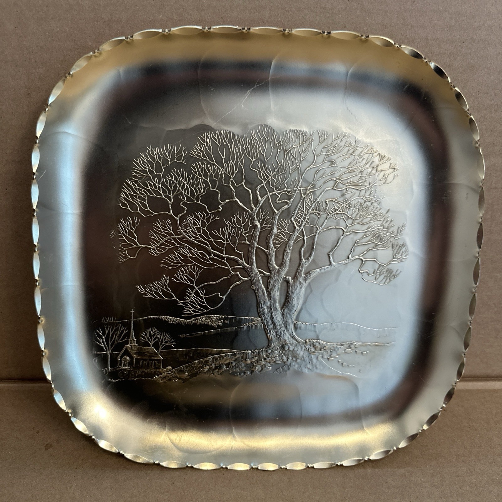 Arthur Armour Hammered Aluminum Gold Tray Tree Church Scene 11-5/8" x 11-5/8"