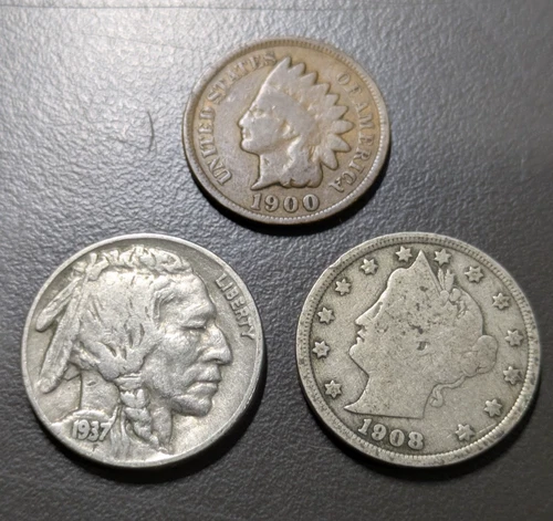 Lot of 3 VINTAGE US Coins Liberty V & Indian Head Buffalo Nickel & Indian Cent