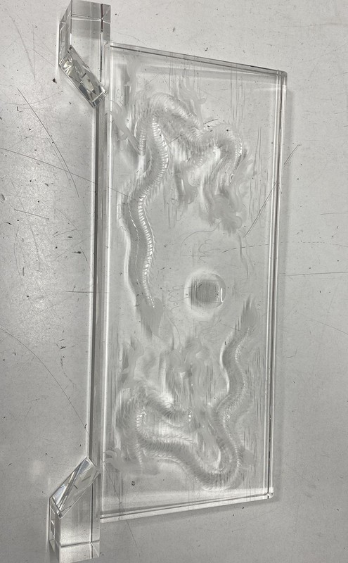 Signed Oriental Dragon Etched Acrylic Plaque Sculpture Chinese Art Decor