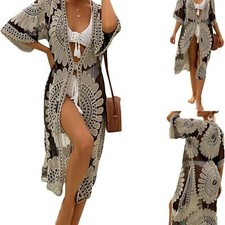 Cupshe Black Sand Embroidered Floral Medallion Long Swim Coverup Kimono OS
