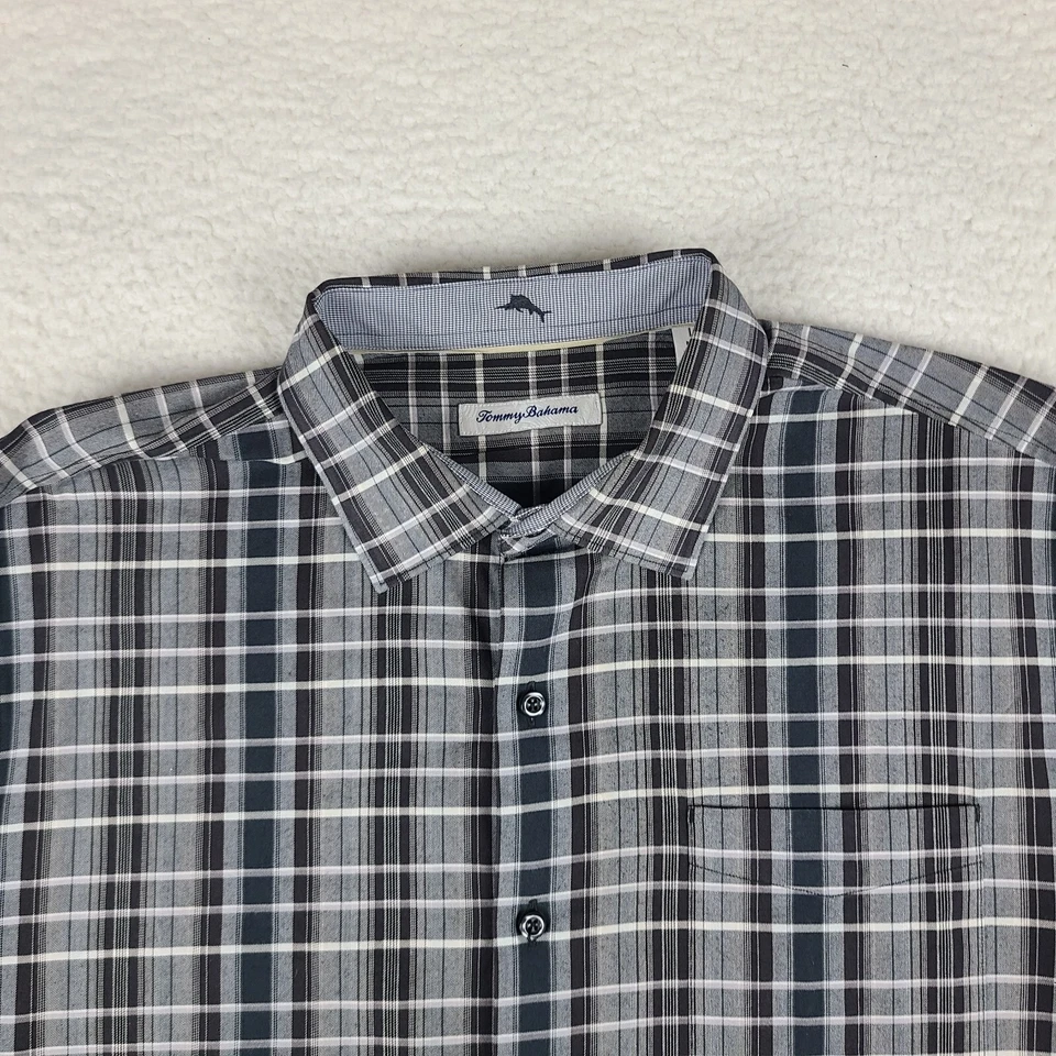 Camisa de vestir Tommy Bahama para hombre grande negra gris a cuadros abotonada algodón seda Foto 3 de 4