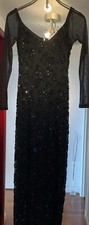 Della Roufogali Vintage Evening Gown Sequined Beaded Black Nightline Front Slit