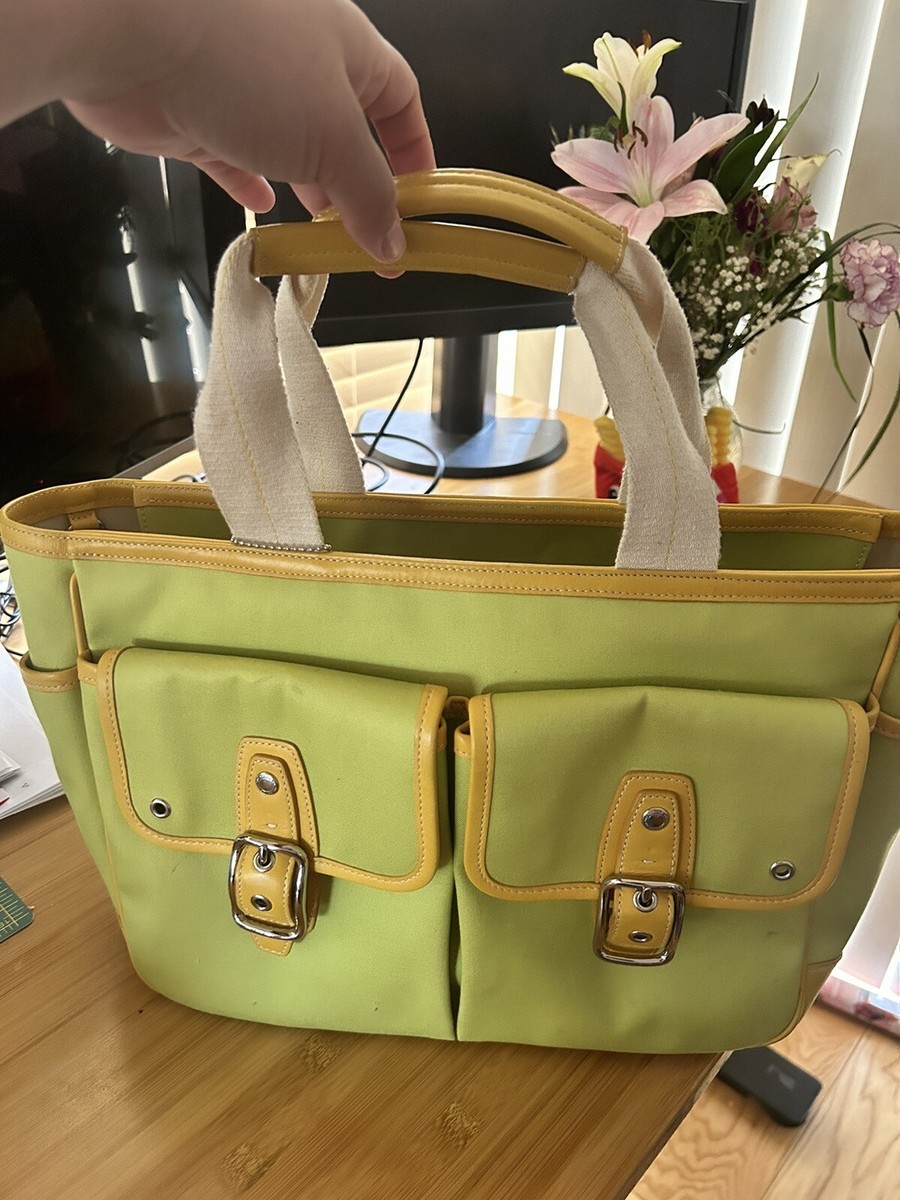 RARE Coach Tote Bag Canvas Leather Trim Green Apple With Matching
