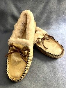 J Crew Chinelo mocassim Couro Dourado forro de pele artificial tamanho 12 |  eBay