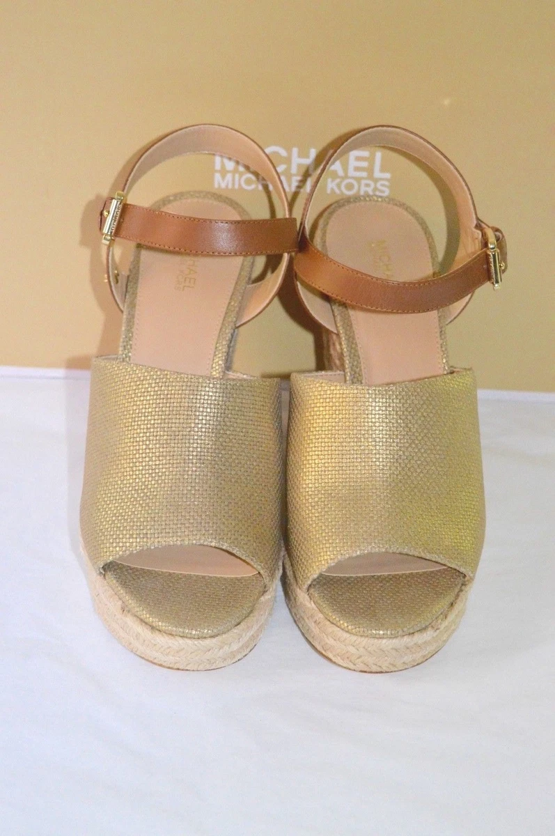 New 150 Michael Kors Penelope Wedge Canvas LeatherGold Luggage Platform Sandal