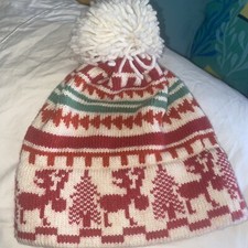 Vintage OBERMEYER Ski Cap Fairisle Pom Pom kids ski snow hat white Red Winter