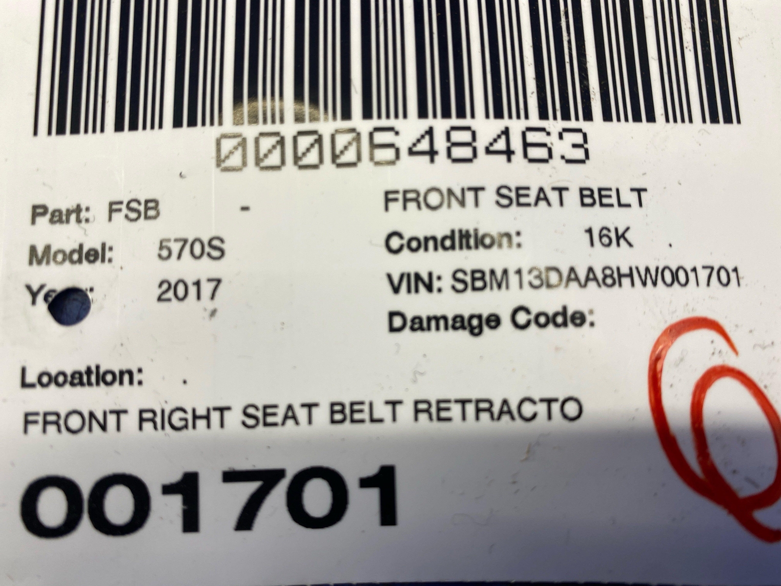 2016-2021 MCLAREN 570S FRONT RIGHT SEAT BELT RETRACTOR ASSEMBLY RED OEM