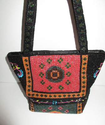 Vtg Ermo Glass Beaded Handbag Floral Embroidered Bohemian Tote Purse